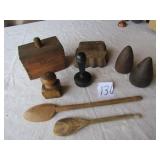 8 PIECES TREEWARE - SPOONS,BUTTER MOLDS,BUTTER