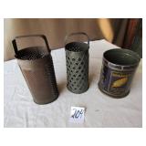 2 TIN GRATORS ; TOBACCO TIN
