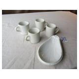 4 IRONSTONE COFFEE CUPS ;SPOON REST