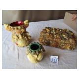 3 PIECES SEA SHEEL ART - VASES , JEWELRY BOX