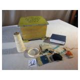 MUSTARD TRIM IN BLUE WOODEN SEWING BOX W/