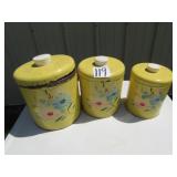 EARLY TIN CANISTER SET YELLOW W/ FLOWERS