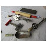 VINTAGE KITCHEN UNTENSILS ; RED HANDLE ROLLING PIN