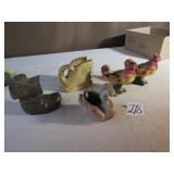 4- EARLY PLANTERS ; 1 COPPER COATED SHOE BANK