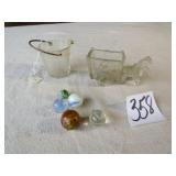 GLASS HORSE & CART ; SHOOTER MARBLES [ ONE IS CLAY