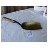PRIMITIVE HAND FORGED BRASS SCOOP W/ WOOD HANDLE