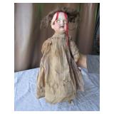 EARLY PRIMITIVE DOLL W/ REAL HAIR & OLD CLOTHES