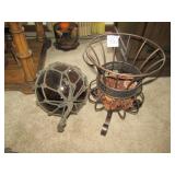 WIRE PLANT STAND ; MID CENTURY BROWN GLASS GLOBE