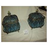 2 BLUE GLASS CANDY DISHES IN WIRE HOLDER