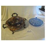 BLUE CANDY DISH ; SILVER PLATE WARMING SERVER