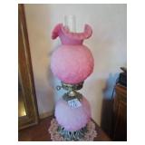 24' PINK SATIN RUFFLE TOP PARLOR LAMP, FENTON?