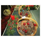 2 BASKET W/ PINE CONES ; CANDLE