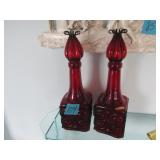 PR. RUBY RED HAND BLOWN GLASS DECANTERS IN