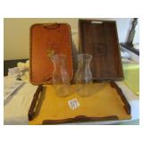 3 WOOD SERVING TRAYS ; 2 BOTTLES