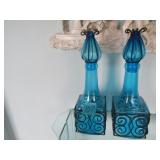 2- 24' BLUE HAND BLOWN GLASS DECANTERS