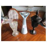 CRYSTAL CUT GLASS VASE ; BLACK CANDY DISH ; MID
