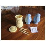 BLUE LONGABERGER SALT / PEPPER ; MORE