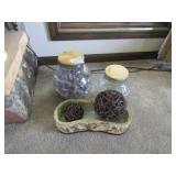 2 -GLASS JARS ; 2 DECOR BALLS; CHALKWARE TRAY