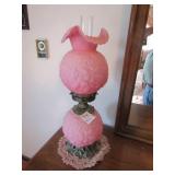 PINK SATIN RUFFLE TOP PARLOR LAMP 24' , FENTON?