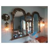 FANCY MID CENTURY WALL MIRROR W/ 2 SIDE LIGHTS W/
