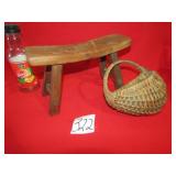 PRIMITIVE 12' STOOL ; EARLY 6' WOVEN BASKET