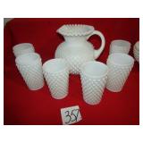 HOPNAIL MILK GLASS LACY TOP TEA PITCHER W/ 6 GLASS