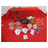 15 PIECES GLASSWARE ; 2 BRASS CANDLE HOLDERS