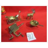 3 PIECES BRASS - DEER W/ SLEIGH ,ASH TRAY POT ;
