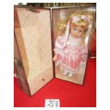 VINTAGE PORCELAIN DOLL W/ WOOD TRUNK CASE