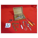 WOOD CHEST W/ 20 MINIATURES TOOLS ; MORE