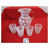 FROSTED POLKA DOT PITCHER W/ 4 GLASSES - SOME HAS