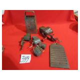 3 VINTAGE HAND CRANK SPICE GRINDERS ; 2 SHREDDERS
