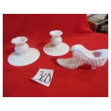 MILK GLASS CANDLE HOLDERS ; FENTON MILK GLASS SHOE