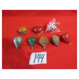 5- VINTAGE WOOD TOY TOPS ; 2 VINTAGE WOOD YO-YOS