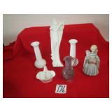 HOPNAIL MILK GLASS VASES ; MILK GLASS ANGEL ;MORE