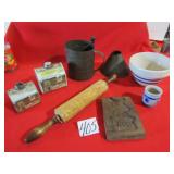 STONE BOWL ; TINWARE ;WOOD ROLLING PIN ; MORE