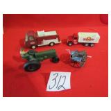 EARLY GREEN MM RUBBER TRACTOR W/ FARMER; 2 TRUCKS