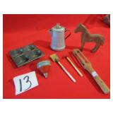 HAND CARVED WOOD HORSE & TOYS ; CHILD'S COFFEE POT