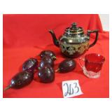 VINTAGE TEA POT ; RUBY ON CLEAR ; PURPLE GLASS
