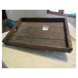 14 X 191/2 X2" PRIMITIVE WOOD TRAY W/ FINGER CUT