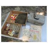 VINTAGE METAL TACKLE BOX, CORKS, ROD REPAIR