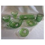 7- PIECES OF GREEN DEPRESSION CUPS, RELISH DISH,