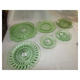 6- PIECES OF GREEN DEPRESSION PLATES & SAUCERS