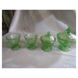 4- PIECES GREEN DEPRESSION, 2 CANDY DISHES,