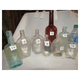 7- OLD WHISKEY FLASKS, AMBER WINE BOTTLE