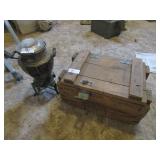 WOOD AMO BOX, VINTAGE COFFEE POT W/ CORD