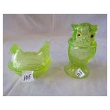 ROSE YELLOW VASELINE GLASS OWL CANDY DISH W/