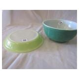 GREEN PYREX MIXING BOWL, PIE PAN