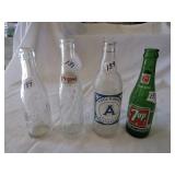 4 SODA POP BOTTLES- DR PEPPER, 7 UP, CIRCLE A,