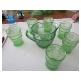 DORIC PATTERN GREEN DEPRESSION PITCHER & 6 GLASSES